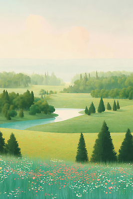 JPG 나무 구름 일러스트 자연 잔디 초원 사람없음 초록색 강 평화 고요 여름풍경 들꽃 분위기 숲 언덕 감성 수목 싱그러움 국내일러스트 AI일러스트 AI콘텐츠 자연요소 식물 꽃 컬러 컨셉 풍경 생태계 파일형식 여름_계절