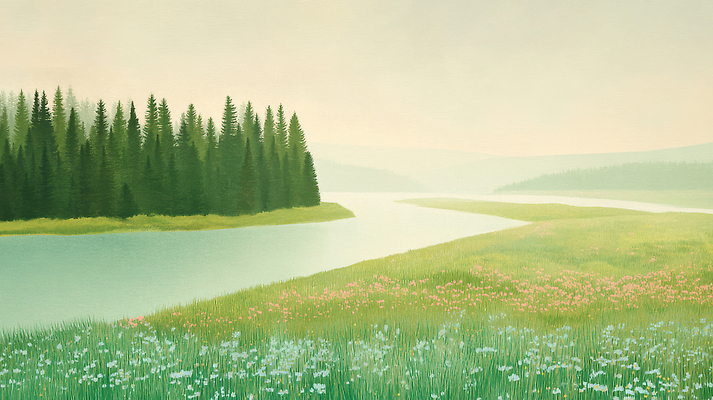 JPG 나무 구름 꽃 감정 여유 일러스트 자연 산 잔디 초원 사람없음 초록색 강 평화 환경 고요 여름풍경 분위기 숲 감성 싱그러움 국내일러스트 AI일러스트 AI콘텐츠 자연요소 식물 컬러 컨셉 풍경 생태계 파일형식 여름_계절