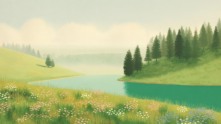 JPG 나무 구름 꽃 일러스트 자연 잔디 초원 사람없음 초록색 물 파란색 강 평화 맑음 여름풍경 산책 분위기 숲 언덕 감성 싱그러움 울창 국내일러스트 AI일러스트 AI콘텐츠 자연요소 식물 컬러 컨셉 날씨 휴식 풍경 생태계 파일형식 여름_계절
