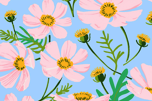 PSD 예술 분홍색 하늘색 백그라운드 꽃무늬 패턴 일러스트 자연 사람없음 파란색 코스모스 화사함 싱그러움 국내일러스트 꽃 컬러 컨셉 무늬 생태계 파일형식