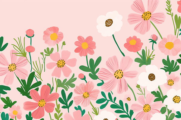 PSD 분홍색 배경화면 백그라운드 잎 꽃무늬 패턴 일러스트 자연 사람없음 여름 코스모스 화사함 국내일러스트 식물 계절 꽃 컬러 컨셉 무늬 생태계 파일형식
