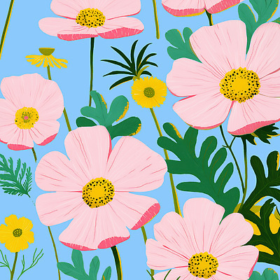 PSD 예술 분홍색 하늘색 백그라운드 잎 꽃무늬 일러스트 자연 사람없음 코스모스 화사함 조화 국내일러스트 식물 꽃 컬러 컨셉 무늬 파란색 생태계 파일형식