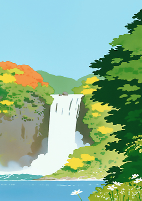 JPG 일러스트 자연 단풍나무 산 물줄기 풍경 사람없음 여름 평화 가을풍경 고요 폭포 흐름 시원함 암벽 국내일러스트 AI일러스트 AI콘텐츠 나무 계절 컨셉 단풍 물 생태계 파일형식 가을_계절