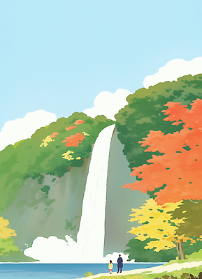 JPG 구름 일러스트 자연 하늘 단풍나무 산 물줄기 풍경 사람없음 평화 가을풍경 고요 폭포 흐름 시원함 암벽 국내일러스트 AI일러스트 AI콘텐츠 자연요소 나무 컨셉 단풍 물 생태계 파일형식 가을_계절