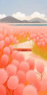 JPG 바다 일러스트 하늘 산 풍경 초원 사람없음 평화 나무길 밝은색 진분홍색 핑크뮬리 국내일러스트 AI일러스트 AI콘텐츠 식물 길 분홍색 컨셉 파일형식