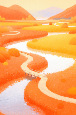 JPG 일러스트 하늘 산 풍경 초원 사람없음 물 강 평화 주황색 가을 가교 핑크뮬리 국내일러스트 AI일러스트 AI콘텐츠 자연요소 식물 건축물 계절 컬러 컨셉 파일형식