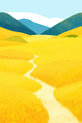 JPG 길 백그라운드 일러스트 하늘 산 초원 사람없음 노란색 평화 가을풍경 시골 국내일러스트 AI일러스트 AI콘텐츠 컬러 컨셉 풍경 파일형식 가을_계절