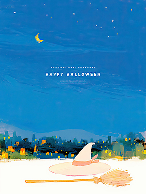 PSD 일러스트 밤하늘 수채화 사람없음 빛 할로윈 도시 초승달 빗자루 마녀모자 국내일러스트 모자_잡화 하늘 달 야간 청소도구 파일형식