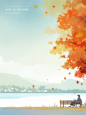 PSD 나무 여자 여유 단풍 벤치 일러스트 자연 하늘 수채화 한명 앉기 풍경 책 독서 평화 가을 강가 조용 국내일러스트 식물 1 계절 감정 컨셉 잎 의자 모션 사람 강 생태계 파일형식