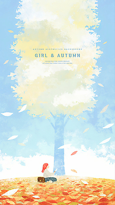 PSD 나무 여자 여유 낙엽 잎 일러스트 자연 하늘 바람 수채화 한명 앉기 가을 국내일러스트 자연요소 식물 1 계절 감정 모션 날씨 사람 생태계 파일형식