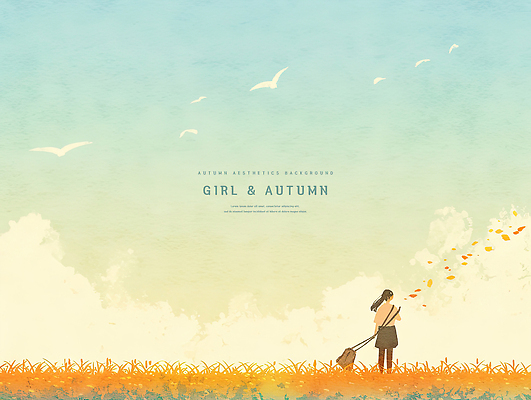 PSD 여자 낙엽 일러스트 자연 하늘 수채화 한명 잔디 평화 고요 가을 새떼 국내일러스트 식물 1 계절 컨셉 잎 조류 사람 생태계 파일형식