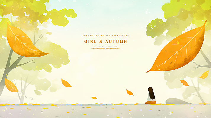 PSD 나무 여자 낙엽 일러스트 자연 하늘 수채화 한명 앉기 평화 고요 가을 길가 국내일러스트 식물 1 계절 컨셉 잎 모션 사람 생태계 파일형식