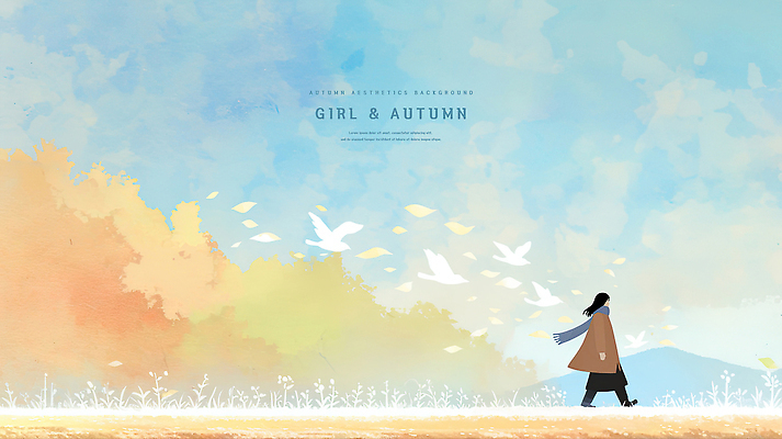 PSD 나무 여자 낙엽 일러스트 자연 하늘 수채화 한명 풍경 걷기 가을 새떼 국내일러스트 식물 1 계절 잎 모션 조류 사람 생태계 파일형식