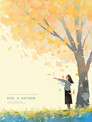 PSD 나무 여자 여유 낙엽 일러스트 자연 하늘 나뭇잎 수채화 한명 평화 가을 국내일러스트 식물 1 계절 감정 컨셉 잎 사람 생태계 파일형식