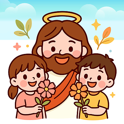 여자 남자 꽃 행복 어린이 일러스트 사랑 미소 들기 상반신 세명 기쁨 예수 즐거움 초대 추수감사절 국내일러스트 AI파일 식물 감정 기독교 모션 표정 사람 신_종교 파일형식 벡터