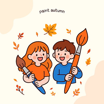여자 남자 행복 어린이 예술 낙엽 일러스트 자연 들기 소녀 소년 두명 친구 주황색 가을 붓 그리기 즐거움 그림 창의력 국내일러스트 AI파일 계절 감정 컬러 잎 관계 모션 사람 생태계 파일형식 벡터