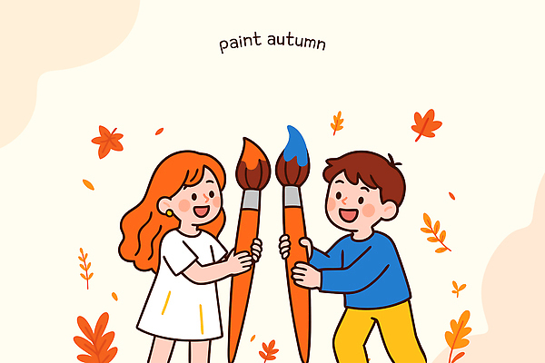여자 남자 행복 어린이 예술 낙엽 일러스트 자연 놀이 웃음 들기 소녀 소년 두명 친구 주황색 가을 붓 색칠 그림 창의성 국내일러스트 AI파일 계절 감정 컬러 잎 관계 모션 표정 사람 생태계 파일형식 벡터