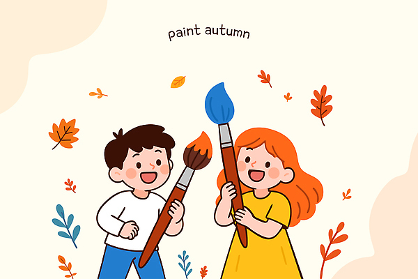 여자 남자 어린이 단풍 낙엽 일러스트 자연 놀이 들기 소녀 소년 두명 주황색 가을 붓 색칠 즐거움 그림 창의성 국내일러스트 AI파일 계절 감정 컬러 잎 모션 사람 생태계 파일형식 벡터
