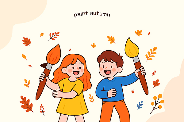 여자 남자 어린이 예술 낙엽 일러스트 자연 들기 소녀 소년 두명 친구 주황색 가을 붓 즐거움 그림 창의성 창작 흥미 국내일러스트 AI파일 계절 감정 컬러 컨셉 잎 관계 모션 사람 생태계 파일형식 벡터