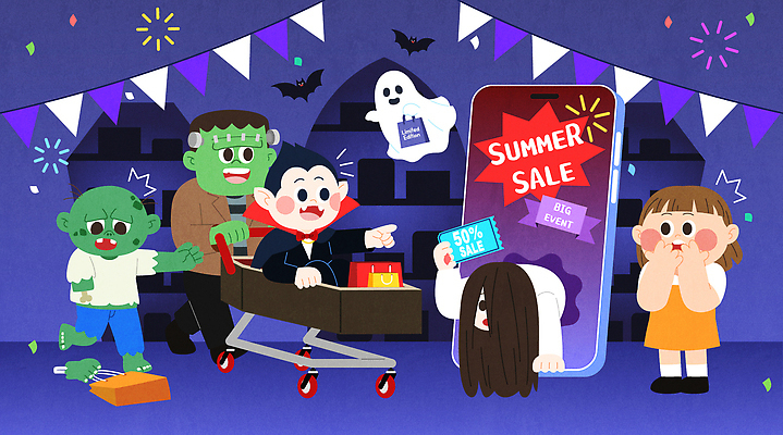 캐릭터 어린이 백그라운드 일러스트 종류 웃음 이벤트 쇼핑 파티 세일 축제 할로윈 유령 장바구니 마녀 드라큘라 몬스터 프랑켄슈타인 국내일러스트 일러캐릭터 AI파일 표정 사람 바구니 파일형식 벡터