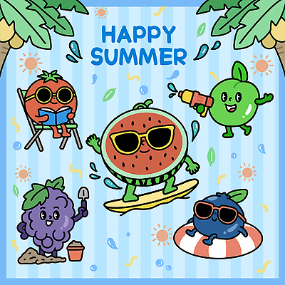 캐릭터 모자 행복 안경 파도 과일 일러스트 놀이 휴가 수영장 야외 빨간색 초록색 여름 독서 수영 서핑 시원함 남색 즐거움 일러캐릭터 AI파일 잡화 계절 감정 바다 컬러 수상스포츠 파일형식 벡터