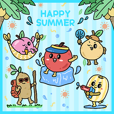 캐릭터 행복 컬러 과일 일러스트 모션 놀이 휴식 아이스크림 여름 햇빛 파티 귀여움 에너지 도전 시원함 즐거움 오브젝트 애니메이션 일러캐릭터 AI파일 계절 감정 컨셉 디저트 이벤트 태양 파일형식 벡터