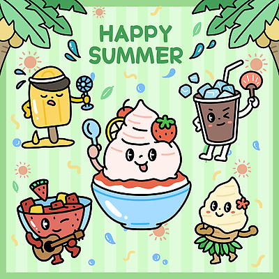 캐릭터 계절 행복 음료 과일 일러스트 아이스크림 디저트 이벤트 여름 컬러풀 파티 귀여움 축제 달콤 차가움 만화 즐거움 상큼 맛있는 일러캐릭터 AI파일 감정 음식 컬러 컨셉 맛 파일형식 벡터