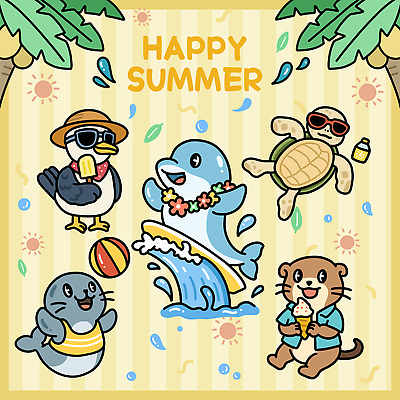 파도 바다 일러스트 놀이 조류 휴가 아이스크림 디저트 해변 여름 햇빛 수영 파라솔 서핑 즐거움 돌고래 공놀이 바다거북 일러캐릭터 AI파일 동물 캐릭터 계절 감정 음식 공 포유류 태양 수중동물 수상스포츠 거북이 파일형식 벡터