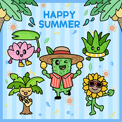 캐릭터 꽃 음악 컬러 백그라운드 일러스트 자연 휴가 열대 선인장 여름 파란색 농장 파티 귀여움 춤 만화 열대식물 즐거움 상록수 일러캐릭터 AI파일 식물 계절 감정 컨셉 농업 문화예술 이벤트 생태계 파일형식 벡터