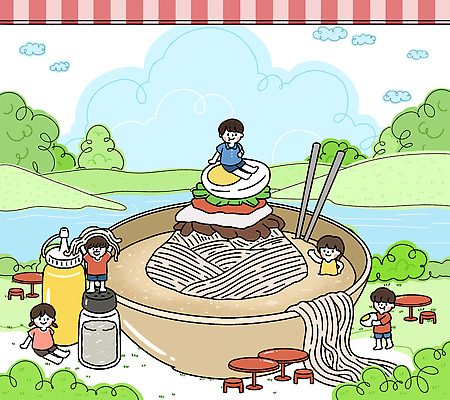 PSD 캐릭터 공원 컬러 일러스트 가족 자연 놀이 요리 웃음 친구 계란 식사 면류 그룹 소스 조화 오후 국내일러스트 일러캐릭터 공공시설 음식 관계 표정 알 양념 생태계 파일형식