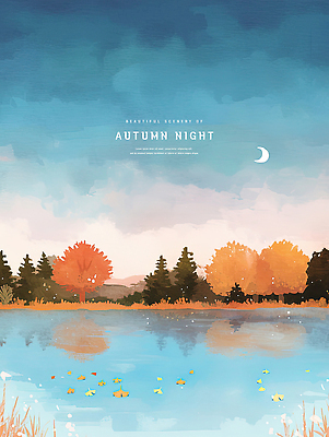 PSD 나무 식물 계절 호수 컬러 백그라운드 단풍 낙엽 잎 일러스트 자연 페인팅 하늘 단풍나무 휴식 나뭇잎 수채화 산 갈대 풍경 물 파란색 반사 평화 추석 고요 달 가을 야간 저녁 초승달 달빛 은행잎 감성 뷰티풀 청명 차분 국내일러스트 자연요소 명절 컨셉 생태계 파일형식