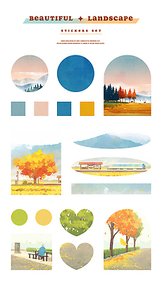 PSD 나무 디자인 예술 컬러 스티커 일러스트 자연 하늘 산 풍경 그래픽 세트 가을 그림 감성 꾸미기 뷰티풀 생동감 창의력 테마 국내일러스트 식물 계절 컨셉 생태계 파일형식