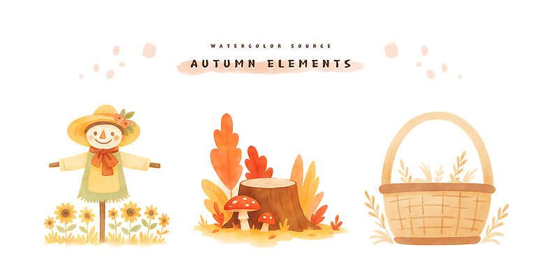 PSD 나무 식물 예술 컬러 조각 단풍 일러스트 자연 해바라기 수채화 따뜻함 풍경 장식 농장 바구니 농사 가을 건초 숲 오브젝트 허수아비 국내일러스트 계절 꽃 잎 농업 생태계 파일형식