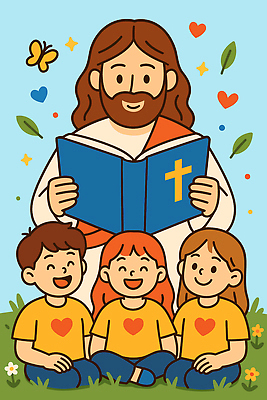 전신 여자 교육 남자 행복 기독교 종교 어린이 하늘색 백그라운드 일러스트 가족 이야기 사랑 웃음 여러명 성인 책 독서 믿음 정원 성경 예수 가르침 만화 즐거움 감동 그림책 소통 교훈 명화 전도 국내일러스트 AI파일 감정 다수 컨셉 종교용품 관계 표정 사람 파란색 신_종교 그림 파일형식 벡터