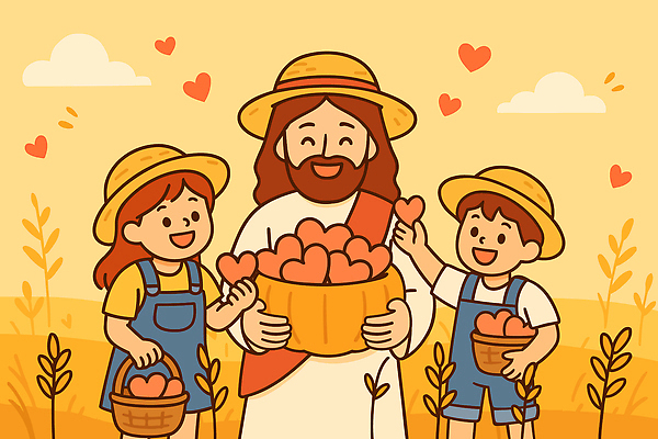 캐릭터 여자 교육 남자 행복 기독교 어린이 분홍색 일러스트 가족 모션 자연 따뜻함 사탕 선물 사랑 웃음 성인 세명 농작물 농장 노란색 바구니 기쁨 추수 마음 예수 가르침 사과 즐거움 감사 나눔 조화 전도 풍요 국내일러스트 일러캐릭터 AI파일 감정 종교 컬러 컨셉 농업 과일 관계 디저트 표정 사람 신_종교 생태계 파일형식 벡터