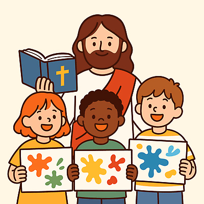 여자 교육 남자 행복 기독교 종교 문화 어린이 예술 컬러 일러스트 모션 놀이 따뜻함 사랑 미술 웃음 여러명 성인 책 모임 흰색 표현 예수 즐거움 그림 작품 다문화 소통 공동체 교훈 전도 창의성 평등 포용 국내일러스트 AI파일 감정 다수 컨셉 문화예술 표정 사람 신_종교 사회이슈 파일형식 벡터