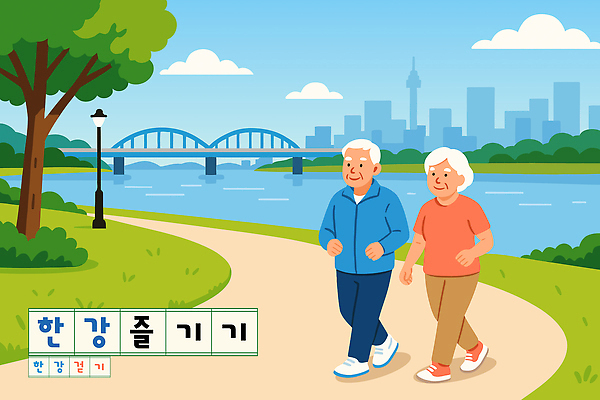 라이프스타일 공원 노년 일러스트 자연 하늘 거리 건강 대화 풍경 취미 초록색 운동 평화 노부부 산책 시간 즐거움 한강 가교 국내일러스트 AI파일 건축물 부부 공공시설 감정 컬러 컨셉 휴식 서울 말하기 성인 생활 생태계 랜드마크 파일형식 벡터