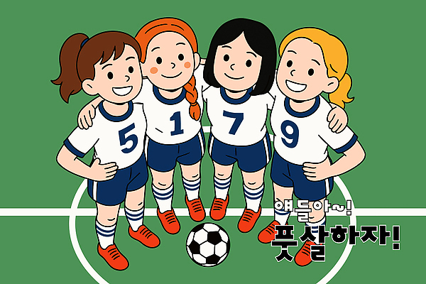 스포츠 일러스트 응원 모션 필드 협력 함께함 웃음 소녀 경기 친구 운동 축구 경기장 활발 체험 전쟁 유대감 국내일러스트 AI파일 여자 어린이 컨셉 스포츠시설 관계 표정 건강 구기 파일형식 벡터