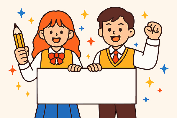 학생 교육 교복 별 어린이 백그라운드 일러스트 학교 모션 협력 웃음 연필 표현 자신감 발표 그림 실습 창의력 국내일러스트 AI파일 자연요소 옷 감정 학용품 표정 사람 필기구 파일형식 벡터