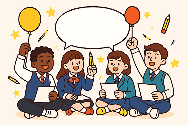 학생 손 교육 어린이 컬러 일러스트 학교 모션 협력 아이디어 대화 공책 즐거움 그림 일과 풍선 나누기 창의성 국내일러스트 AI파일 감정 컨셉 문구용품 말하기 사람 신체부위 파일형식 벡터