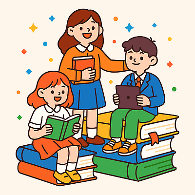 학생 교육 행복 어린이 컬러 일러스트 학교 모션 협력 책 친구 학습 태블릿 독서 교양 정보 즐거움 그림 소통 국내일러스트 AI파일 감정 컨셉 관계 사람 전자제품 스마트기기 파일형식 벡터