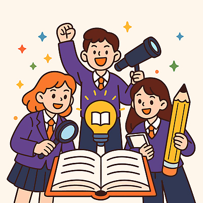 학생 일러스트 교실 협력 아이디어 실험 책 학습 독서 성장 강의실 즐거움 호기심 노력 발견 소통 참여 창의성 국내일러스트 AI파일 교육 감정 컨셉 학교 공간 파일형식 벡터