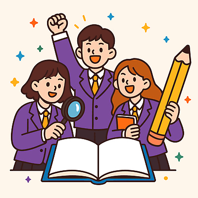 학생 교육 교복 일러스트 커뮤니케이션 협력 책 친구 학습 연필 활발 도구 그룹 즐거움 열정 확대경 발견 창의성 국내일러스트 AI파일 옷 감정 컨셉 관계 학용품 필기구 파일형식 벡터
