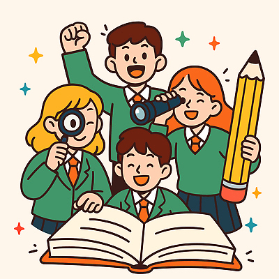 학생 교육 일러스트 학교 모션 협력 초등학교 실험 웃음 책 친구 학습 독서 망원경 즐거움 확대경 의견 발견 공동 국내일러스트 AI파일 감정 관계 표정 파일형식 벡터