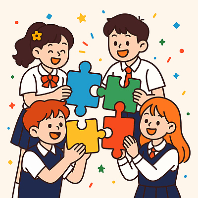 교육 어린이 컬러 조각 일러스트 모션 놀이 협력 함께함 미소 웃음 퍼즐 즐거움 소통 상상력 창의력 국내일러스트 AI파일 감정 컨셉 표정 사람 파일형식 벡터