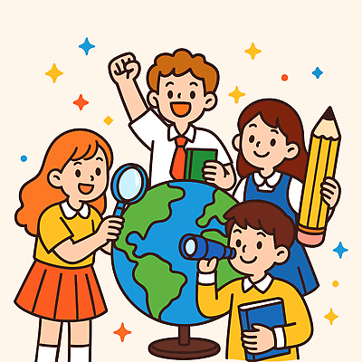 교육 어린이 컬러 백그라운드 일러스트 교실 모션 실험 책 친구 학습 지구본 자료 망원경 교양 탐험 그룹 즐거움 호기심 그림 확대경 국내일러스트 AI파일 감정 컨셉 학교 관계 사람 파일형식 벡터