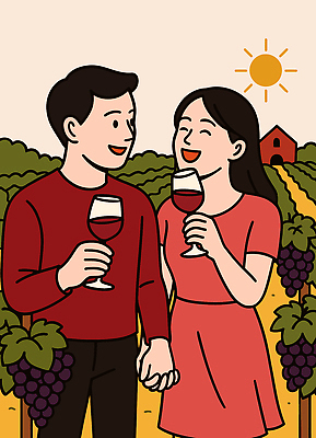 커플 행복 여유 백그라운드 일러스트 자연 잔 대화 사랑 사람 야외 농작물 농장 와인 손잡기 일몰 시골 즐거움 포도밭 국내일러스트 AI파일 식기 감정 밭 농업 관계 모션 주류 말하기 노을 생태계 파일형식 벡터