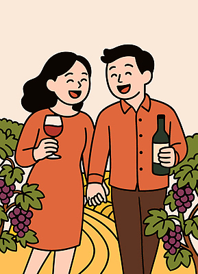 커플 행복 여행 과일 일러스트 자연 휴식 함께함 사랑 웃음 풍경 야외 일상 농장 야외활동 와인 손잡기 포도밭 오후 국내일러스트 AI파일 감정 컨셉 밭 농업 관계 모션 주류 표정 라이프 생태계 파일형식 벡터