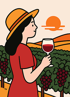 여자 행복 여유 음료 컬러 여행 과일 일러스트 자연 바람 산 풍경 여름 농장 와인 일몰 자유 발코니 그리스 포도밭 장면 국내일러스트 AI파일 자연요소 계절 감정 유럽 컨셉 밭 농업 날씨 주류 사람 노을 생태계 파일형식 벡터