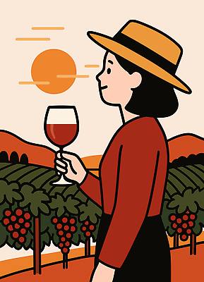 모자 옷 여자 여유 농업 일러스트 자연 포도 휴식 풍경 빨간색 농장 와인 고요 일몰 안주 즐거움 친환경 포도밭 뷰티풀 국내일러스트 AI파일 잡화 감정 산업 컬러 컨셉 밭 과일 주류 사람 노을 환경 생태계 파일형식 벡터